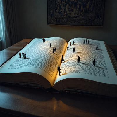 The primary subject of the image is a large book with a group of people, or figurines, standing on top of it. The setting is a table, and the visual style appears to be a combination of a photo and digital art. The colors and mood of the image are predominantly dark, with the figures and the book being the main focus.